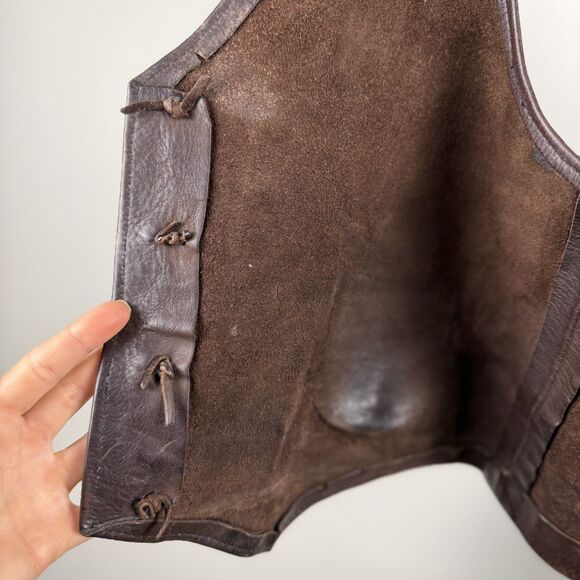 Vintage 60s 70s Handmade Artisan Leather Vest | Deep V Narrow Shoulder Cut - Picture 4 of 15
